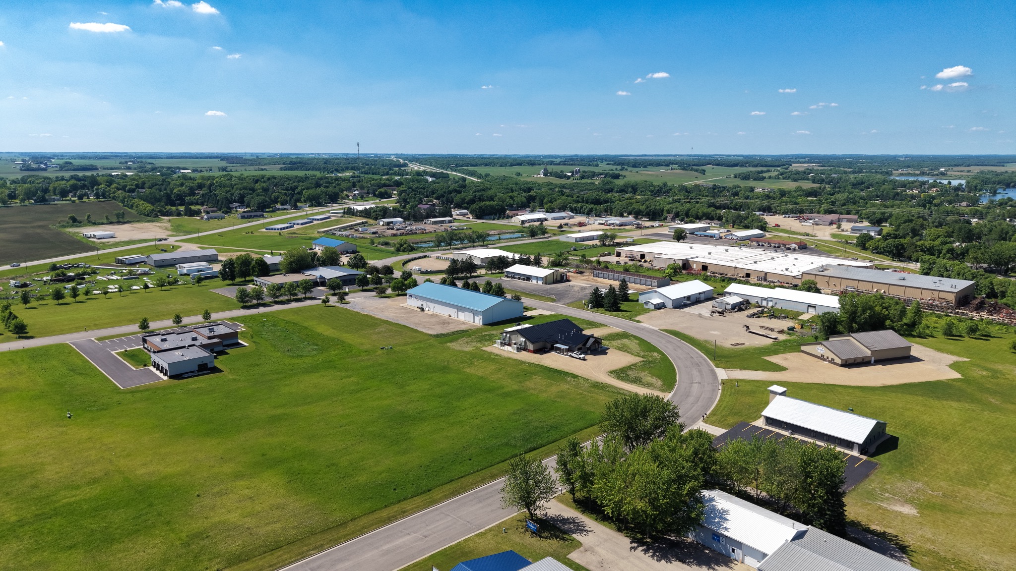 Aerial view of a commercial business park in summer